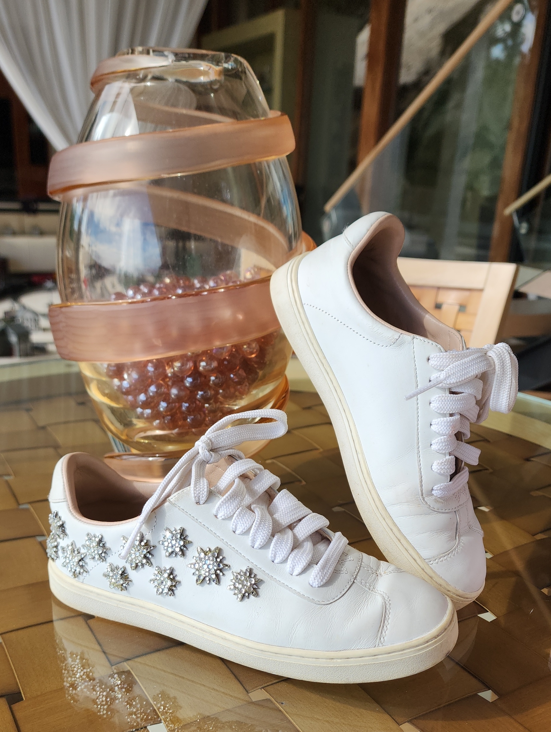Stuart Weitzman Emilie Size 4 White Dress Nappa Crystal-Embellished Sneakers
